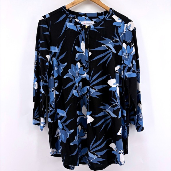 Liz Claiborne Tops - Liz Claiborne Womens Blue Floral Rayon Blouse 3/4 Sleeve Black Tunic Top Size M